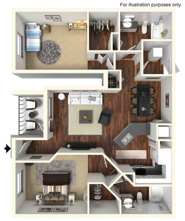 Floor plan for 2 beds, 2 baths, 1056 sqft